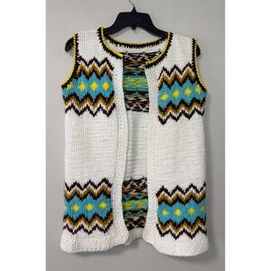 Handmade Chunky Knit Sweater Vest White Southwestern Boho Retro Open Front Small